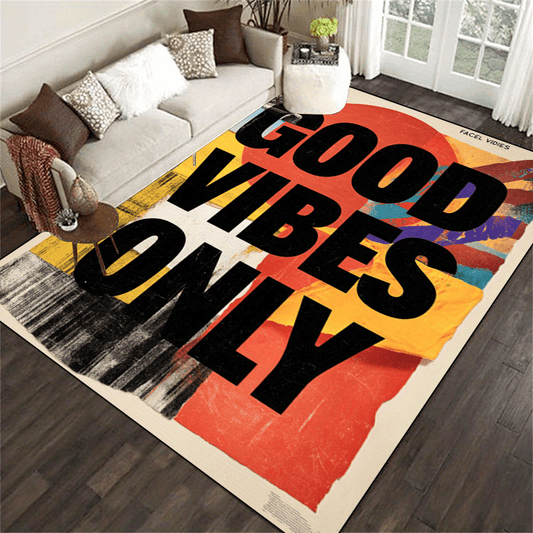 1pc Vibrant "Good Vibes Only" Non-Slip & Machine Washable Polyester Area Mat - Colorful Striped Design - Perfect for Living Room, Bedroom, Entryway, Patio, and Garden Decor - Rugs for Living