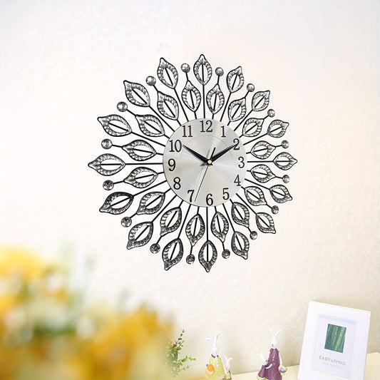 1pc silent decorative wall clock, 15.35 inch black metal material, with easy to read numbers, acrylic leaf rhinestones design, suitable for multiple places such as living room and bedroom, and a new house gift, Living Room Wa