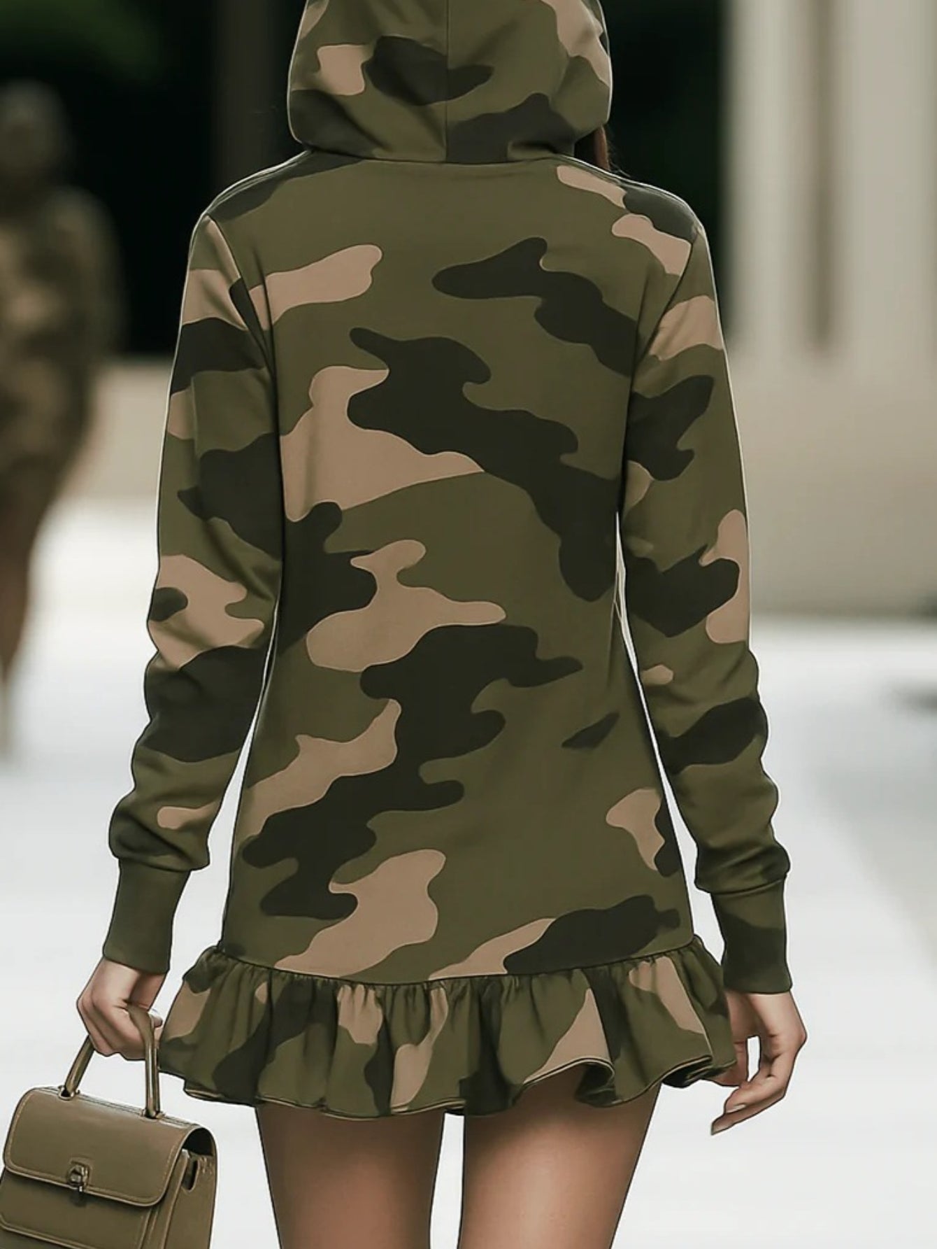 Camouflage Hooded Ruffled Skirt Dress for Women | Retro-inspired Cool-sweet Functional Style, Perfect for Streetwear, Trendy Occasions, and Spring/fall Seasons.