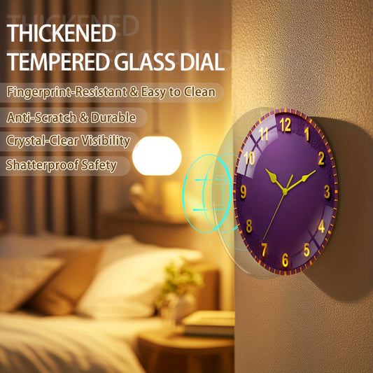 Large Modern Purple & Golden Wall Clock with Black Hands - 30cm/11.81" Thick Tempered Glass Silent Quartz Movement, Mechanism, Modern Round Wall Clock for Living Room, Bedroom, Office - Elegant Purple Face with Golden Hands,