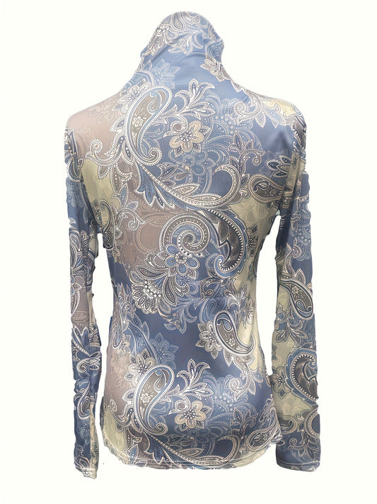Plus Size - Plus Size Long Sleeve T-Shirt for Women with a Semi-High Collar, Featuring a Printed Design, Perfect for Autumn And Winter, Tailored to Create a Slim Silhouette.