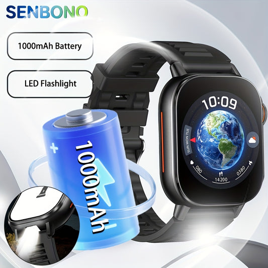SENBONO Men'S Smart Watch with LED Flashlight, 1000mAh Battery, 2.01" IPS Display, 240*296 Resolution, Waterproof, Wireless Call, Multi-Sport Fitness Watch, Ultra-Thin Design