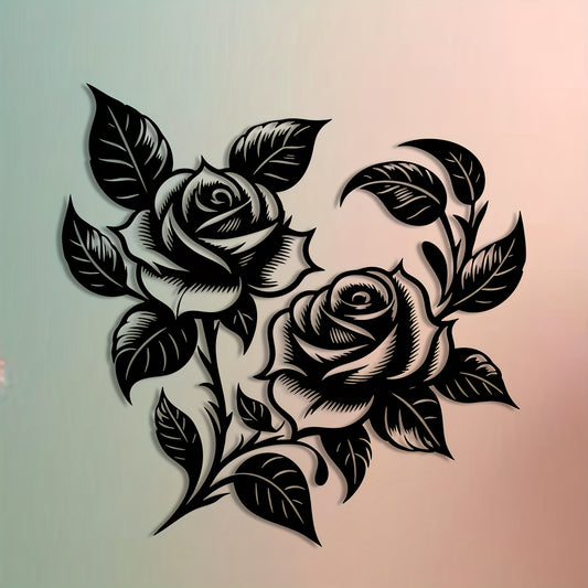 2D Flat, 1pc Elegant Rose Wall Art Decor - Black Floral Metal Hanging Decoration with Two Roses, Indoor/Outdoor Modern Farmhouse Decor for Living Room, Bedroom, Office - No Wiring Needed, Easy Installation, Versatile Room Acc