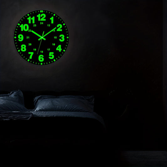 1pc Glow-in-the-Dark Wall Clock - 12 Inch Silent Non-Ticking Vinyl Round Clock with Green Numbers & Hands, Flat Crown Design, AA Battery Operated (Not Included) for Bedroom & Living Room Decor, Clock for Living Room, Durable