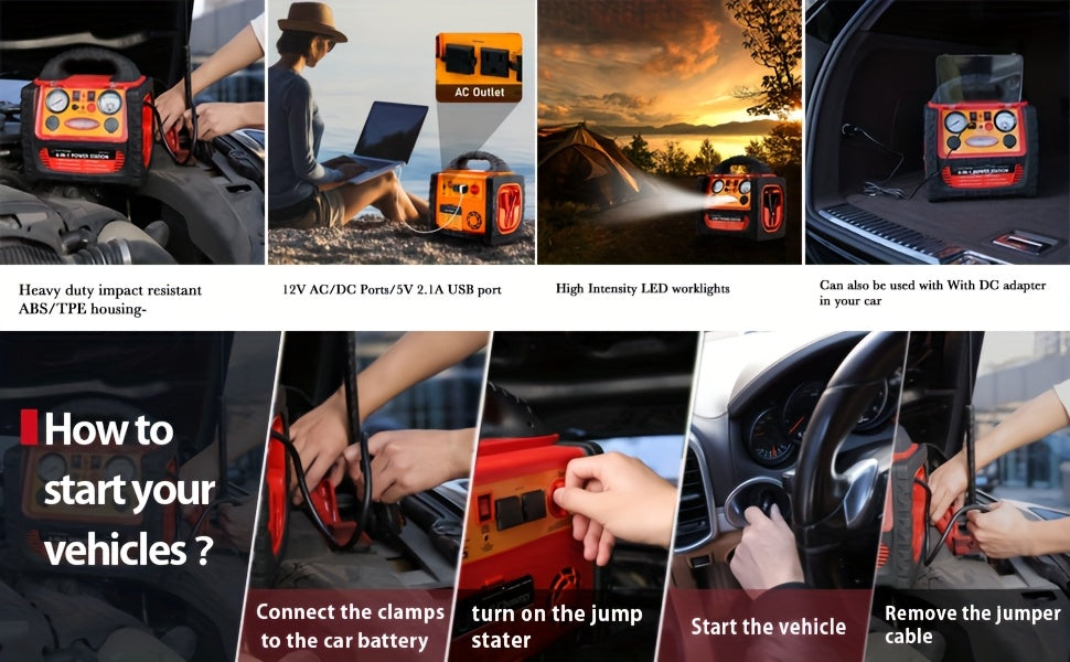 1800 Amp Portable Power Station & Car Jump Starter with Air Compressor - Heavy-Duty 260 PSI Tire Inflator, 400W AC/DC Inverter, 2.1A USB Port, Dual Power Outputs, Battery Clamps Included for Emergency, for Backup, USB- Operat
