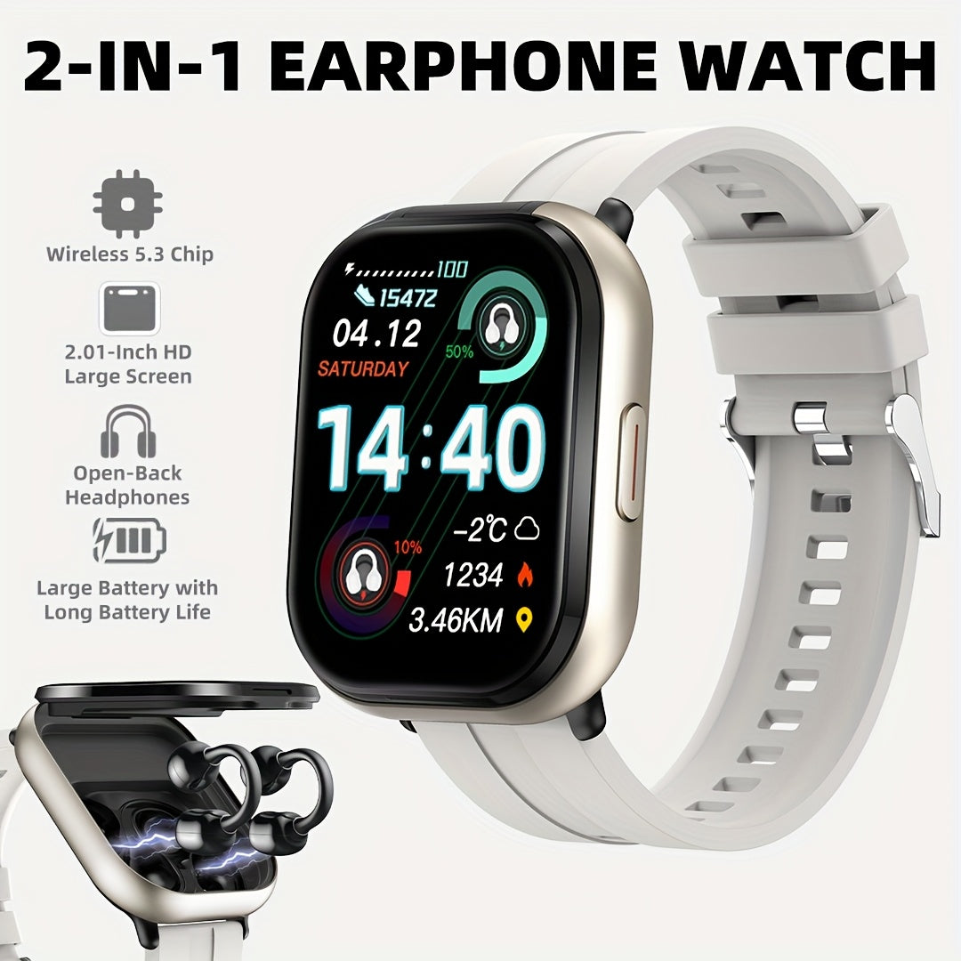 New 2-in-1 Multifunctional with Silicone Strap, Black/Silver 2 Colors Available, Supports Call Reception, 2.01-Inch HD Screen, TWS Wireless Earbuds, Birthday Gift, Valentine'S Day/father'S Day/halloween/christmas Present