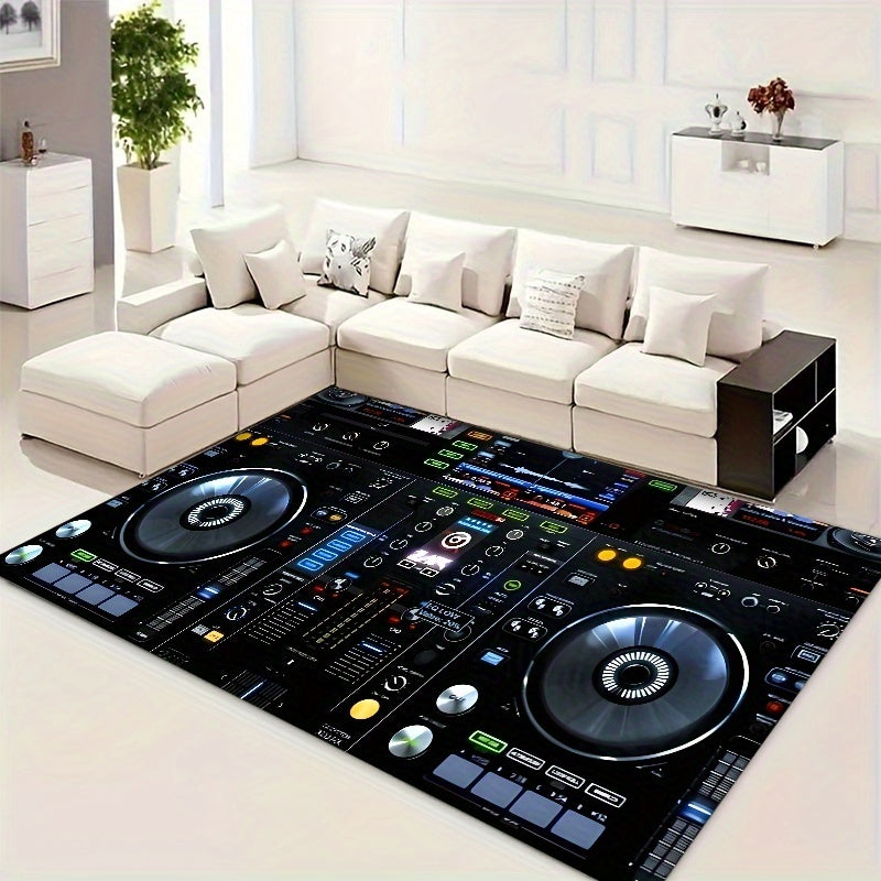 Large Non-Slip Floor Mat Mat - DJ Turntable Design -Slip Living Room Bedroom Bathroom Mat, Machine Washable Indoor/Outdoor Mat for Home Studio, Parties, Gym - Black Background with DJ Controls Graphic