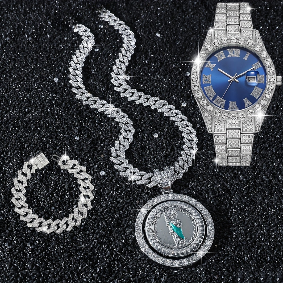 Fashion Watch Set St. Jude Rotating Coin Pendant & Bracelet&Watch Set - 3pcs Iced-Out Rhinestone Fashion Jewelry for Men and Women
