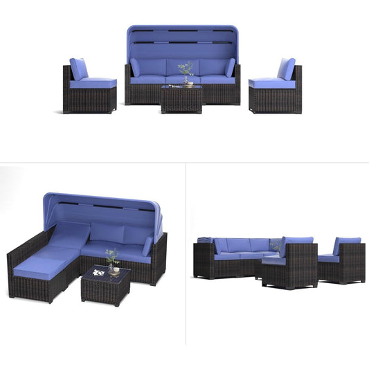 6pcs Outdoor Daybed Set with Retractable Canopy & Adjustable Backrests - All-Weather PE Wicker Patio Lounge Set, Brown & Blue Cushions, Chaise Lounges for Poolside, Backyard, Garden - Durable Wicker Furniture with Cushioned S