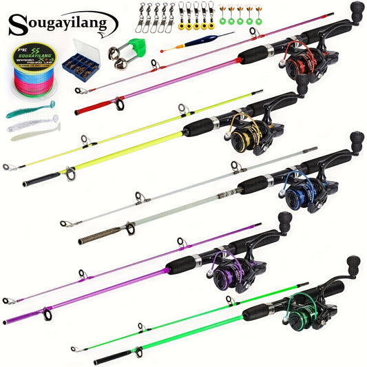 Sougayilang Fishing Rod and Reel Set, Two-Section Straight Handle Spinning Reel Combo with 5.2:1 Gear Ratio for Blackfish, Trout, Bass, Dogfish, and Carp - Beginner-Friendly Complete Tackle Kit with Random Color Line and Bait