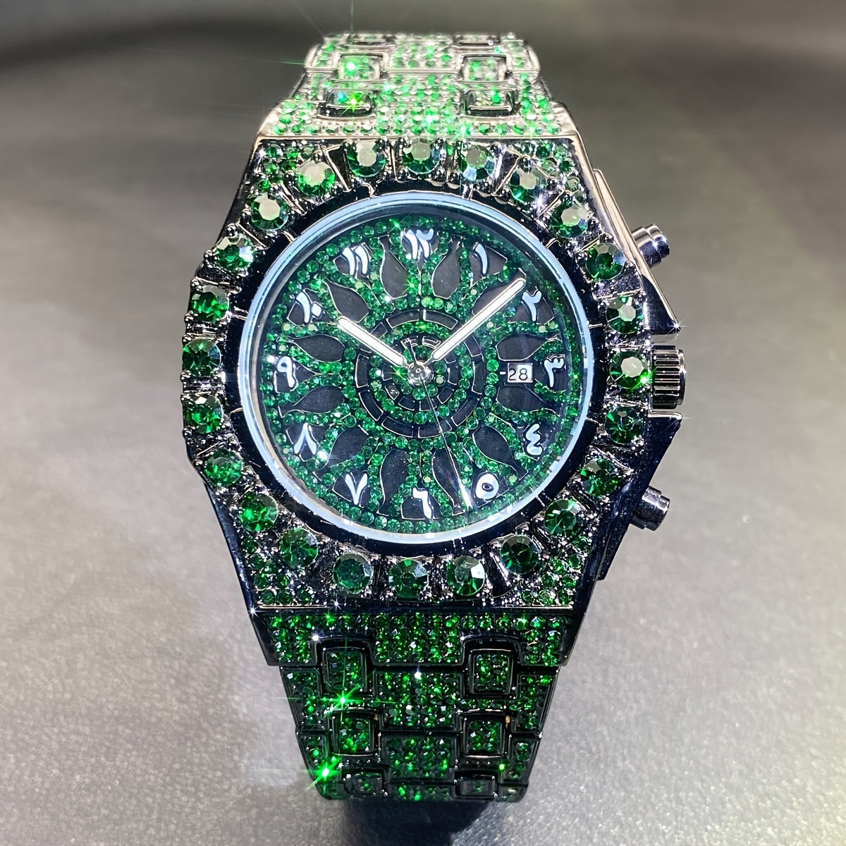 Men's Hip-hop Watch, Dating Party Men's Watch, Large Dial Green Ice Rhinestone, Luminous Pointer Clock, Men's Luxury Gift