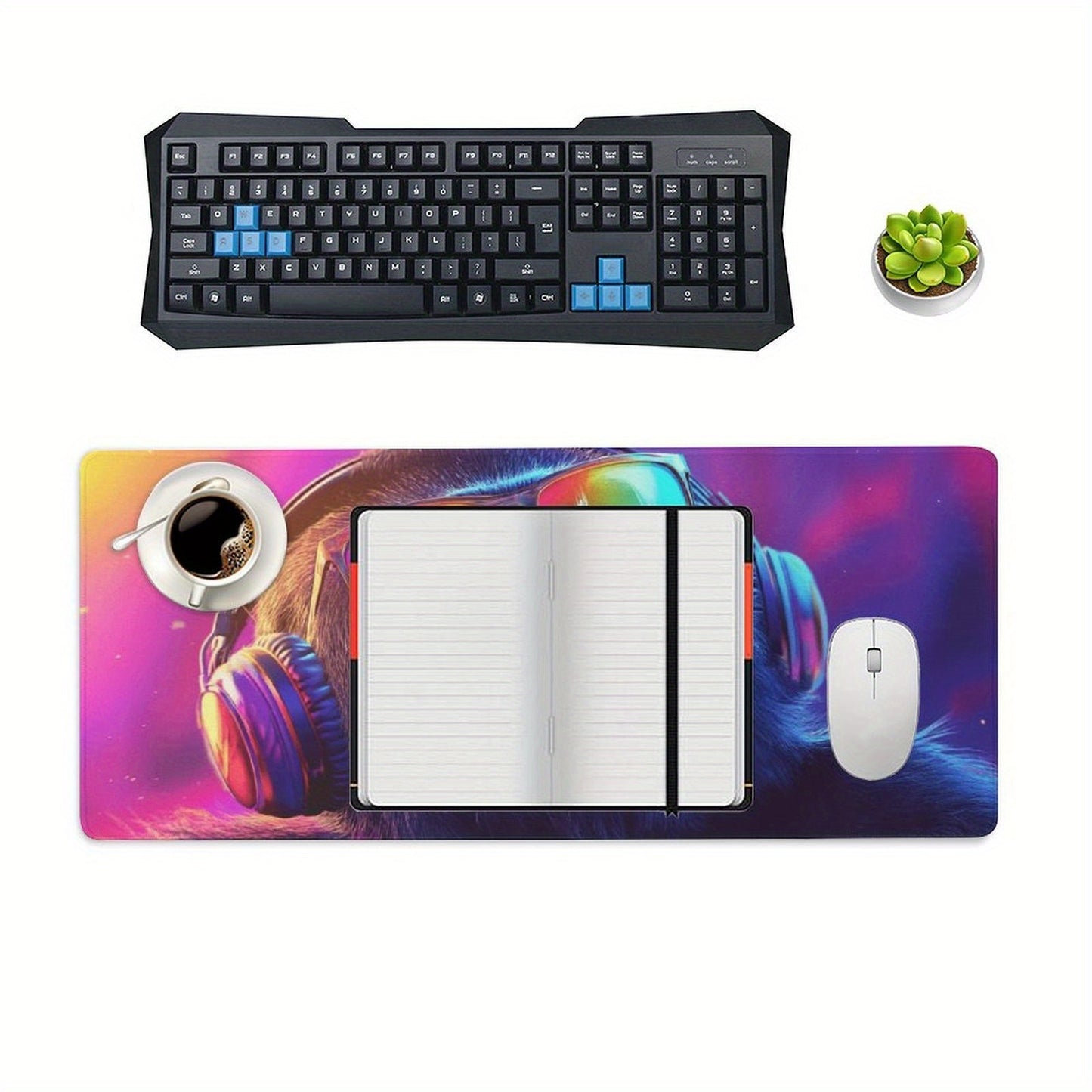 Large Gorilla DJ Mouse Pad & Desk Mat - Non-Slip Washable Rubber Base, Neon Gorilla Headphones & DJ Turntable Design, Gaming/Office Computer Mat for PC/Laptop, Durable Desk Accessory for Music Producers & Tech Enthusiasts
