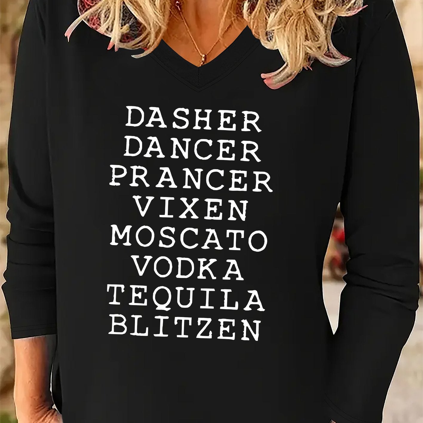 Women'S Fashionable Long Sleeve V-Neck T-Shirt with "Dasher, Dancer, Prancer, Vixen, Moscato, Blitzien" Print Design - Casual Autumn and Winter Long Sleeve Tee