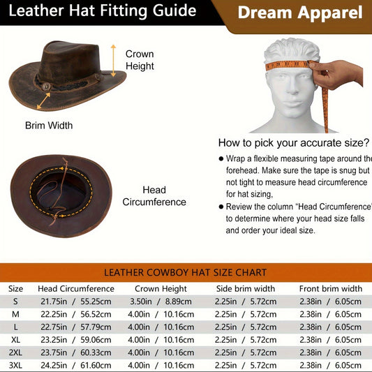Brown Leather Cowboy Hat For Men Women Western Australian Outback Hat With Shapeable Wide Brim, Aussie Style Genuine Leather Hat