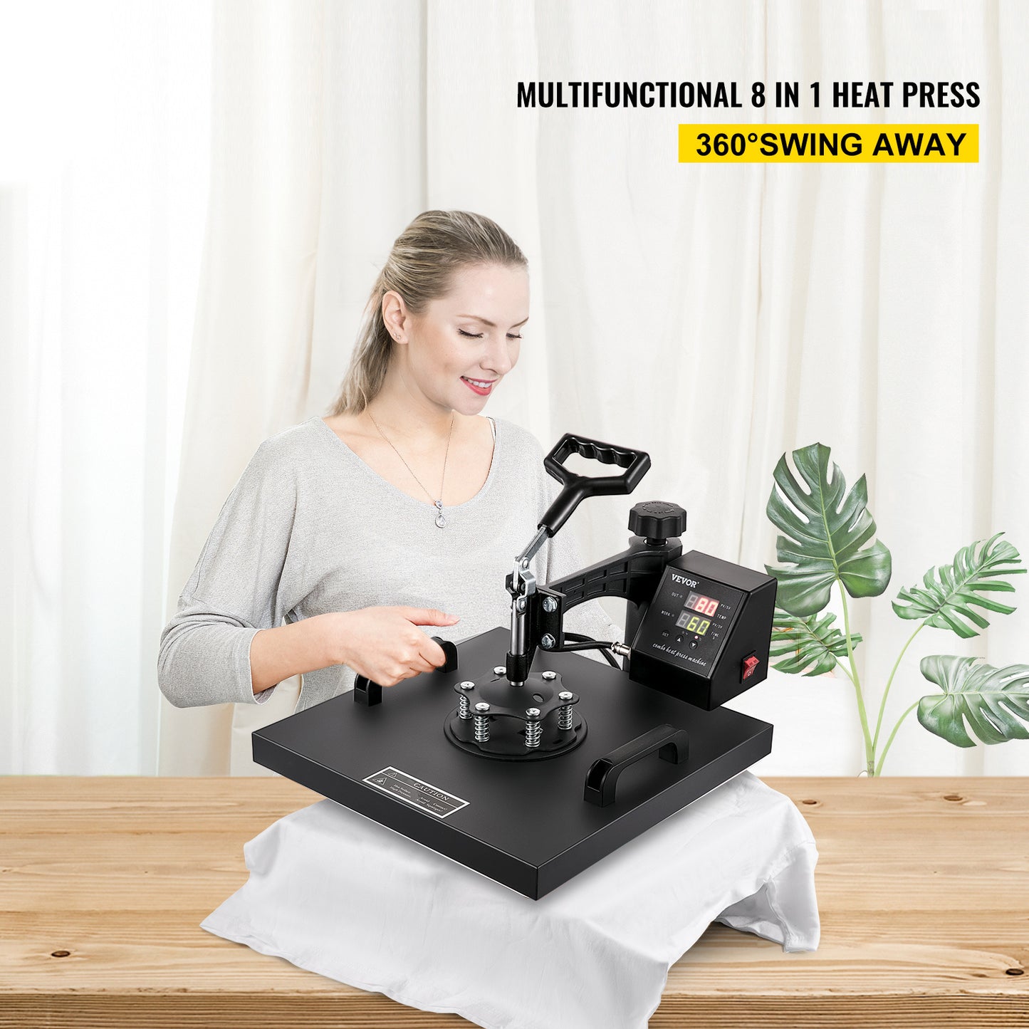 VEVOR Heat Press 15x15 Inch 8 in 1 Heat Press Machine Digital Multifunctional Sublimation Heat Transfer Machine Dual LED Display 360 Degree Rotation Swing Away for Printing T Shirts Hat Mug Cap Plate