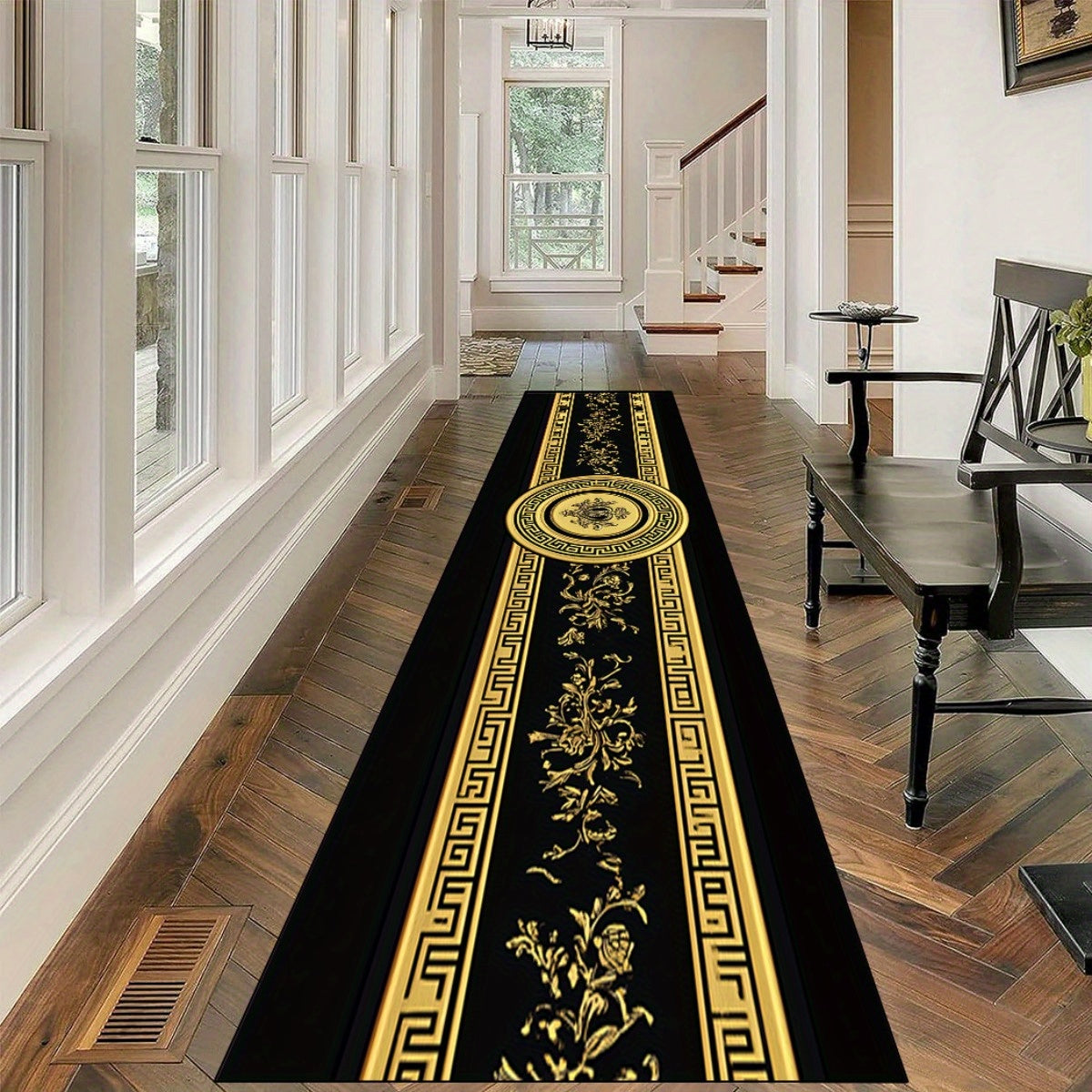 1pc HKStorage Greek Key & Medusa Printed Runner - Black & Golden Greek Key Pattern with Medusa Border, Long Entryway Hallway for High-Traffic Zones, Residential/Commercial Use, Hand Washable -like Luxury