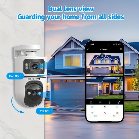 2.4G&5GHz WiFi 2K Dual Lens Wireless Monitoring Camera, Dual Lens Dual Screen, AI Motion Detection, Two-way Voice, 3 Night Vision Modes Suitable For Home Security Cameras, Christmas And Halloween Decorations, Thanksgiving Gif