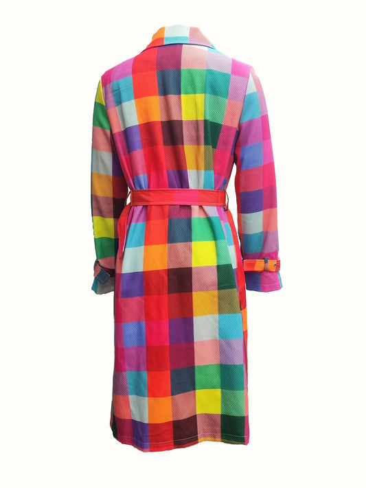 Colorful Plaid Print - Directional Durable Construction - Women's Raincoat with Belt - Elegant Long-Sleeved Jacket with Front Ties - Machine Washable Polyester - Bright Plaid Design - Perfect for Casual Fashionable Outfits