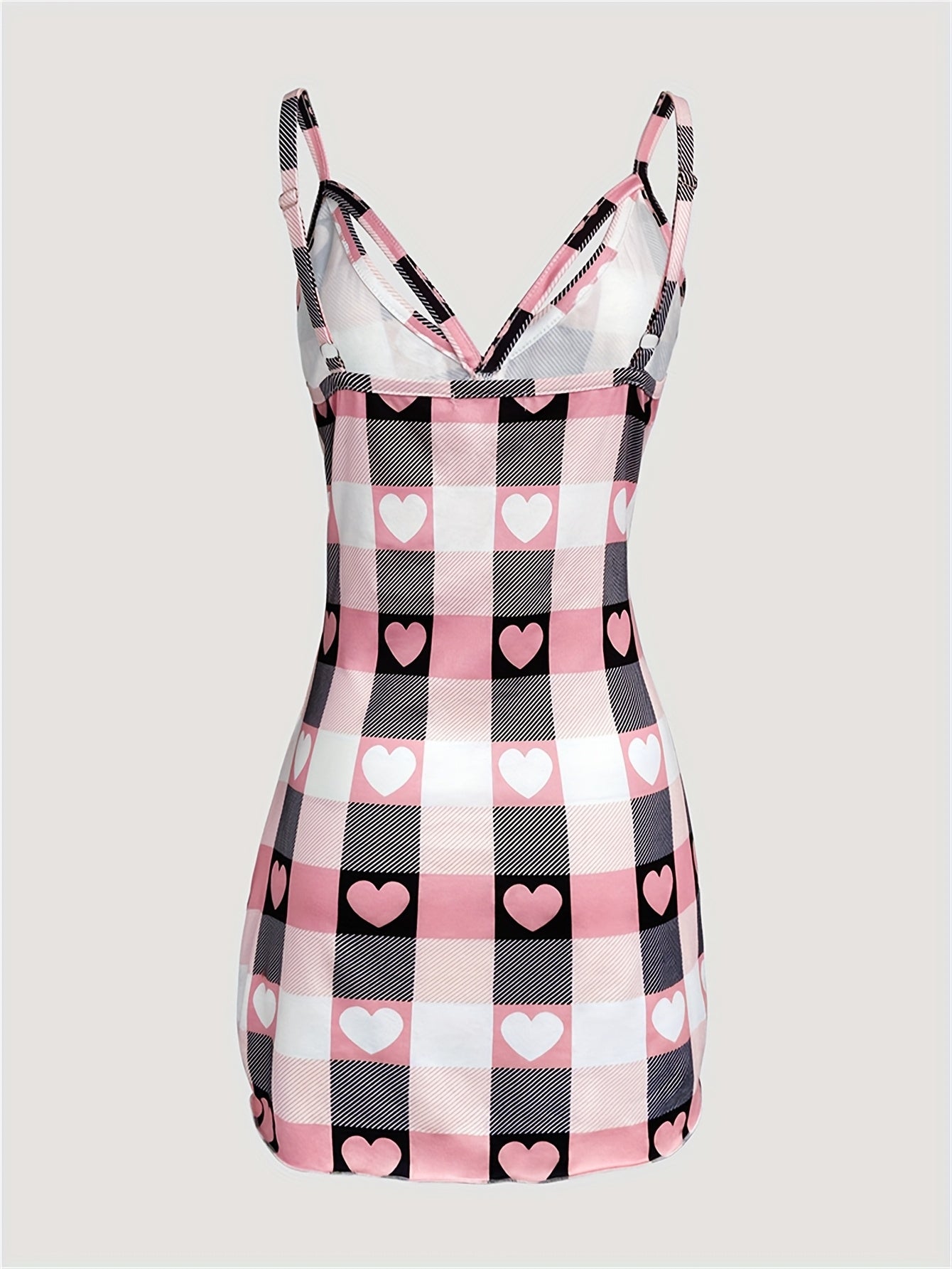 Heart Plaid Print Spaghetti Strap V Neck Slim Fit Slit Sleepwear