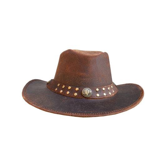 Men's Brown Top-Grain Premium Leather Western Cowboy Studded Hat