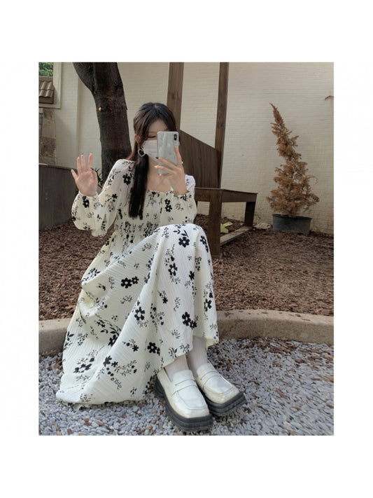 Dried Rose Floral Print Dress | New Women'S Autumn and Winter Fashion Long Dress, Square Neck, FB FENGBAY Brand
