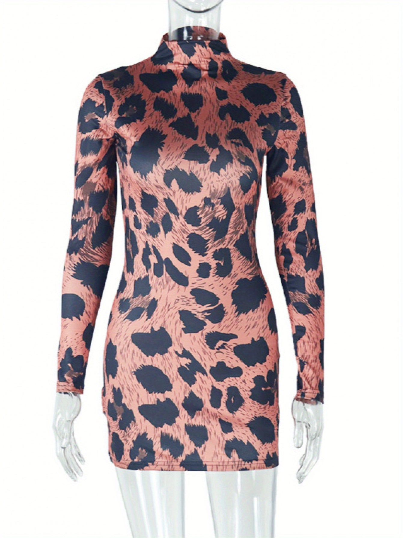 Women's Elegant Short Dress with a Stand Up Collar And Long Sleeves, A Figure Hugging Leopard Print Hip Wrapping Skirt, Featuring Unique Patterns for All Seasons, Women's Clothing