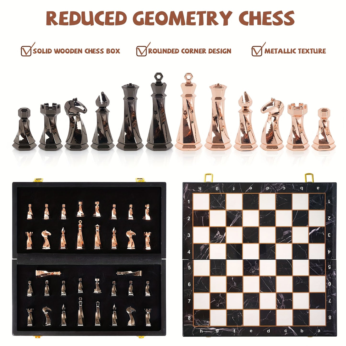 Metal Chess Set for Adults, 15" Wooden Chess Board with Modern Metal Chess Pieces Travel Chess Sets with Metal Chessmen, Collectible Elegant Chess Game, Family Vintage Board Game, Marbled Chess Board