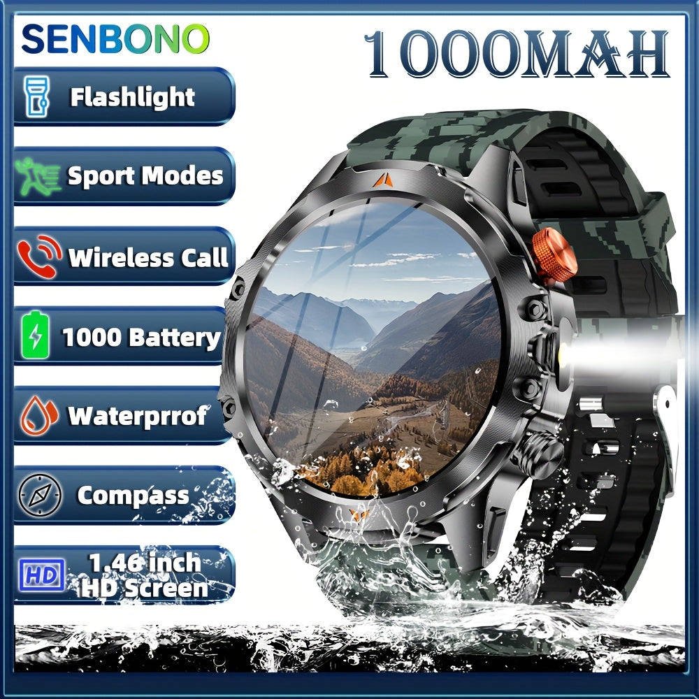 SENBONO Men‘s Smart Watch with 1000mAh Large Battery, 60Days+ Standby Time, 100+ Sports Modes, Wireless Calling, Strong LED Flashlight & Compass, 1.46inch HD Display, 360*360 Resolution, USB Rechargeable, Smart Watch for Me