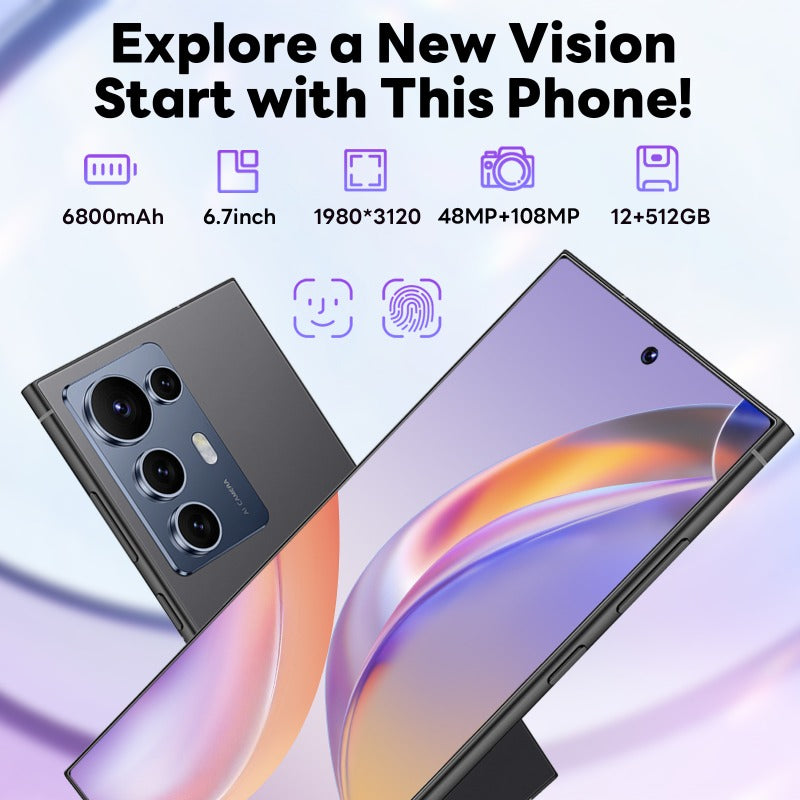 2026 New S25 Intelligent Android Phone | 4K Display, 12+512GB Storage, Face & Fingerprint Recognition, 6.8" HD Dual SIM, Type-C Long Battery, Business Phone, Sleek Design, Stylish Mobile, High-Quality Display, Durable Build,