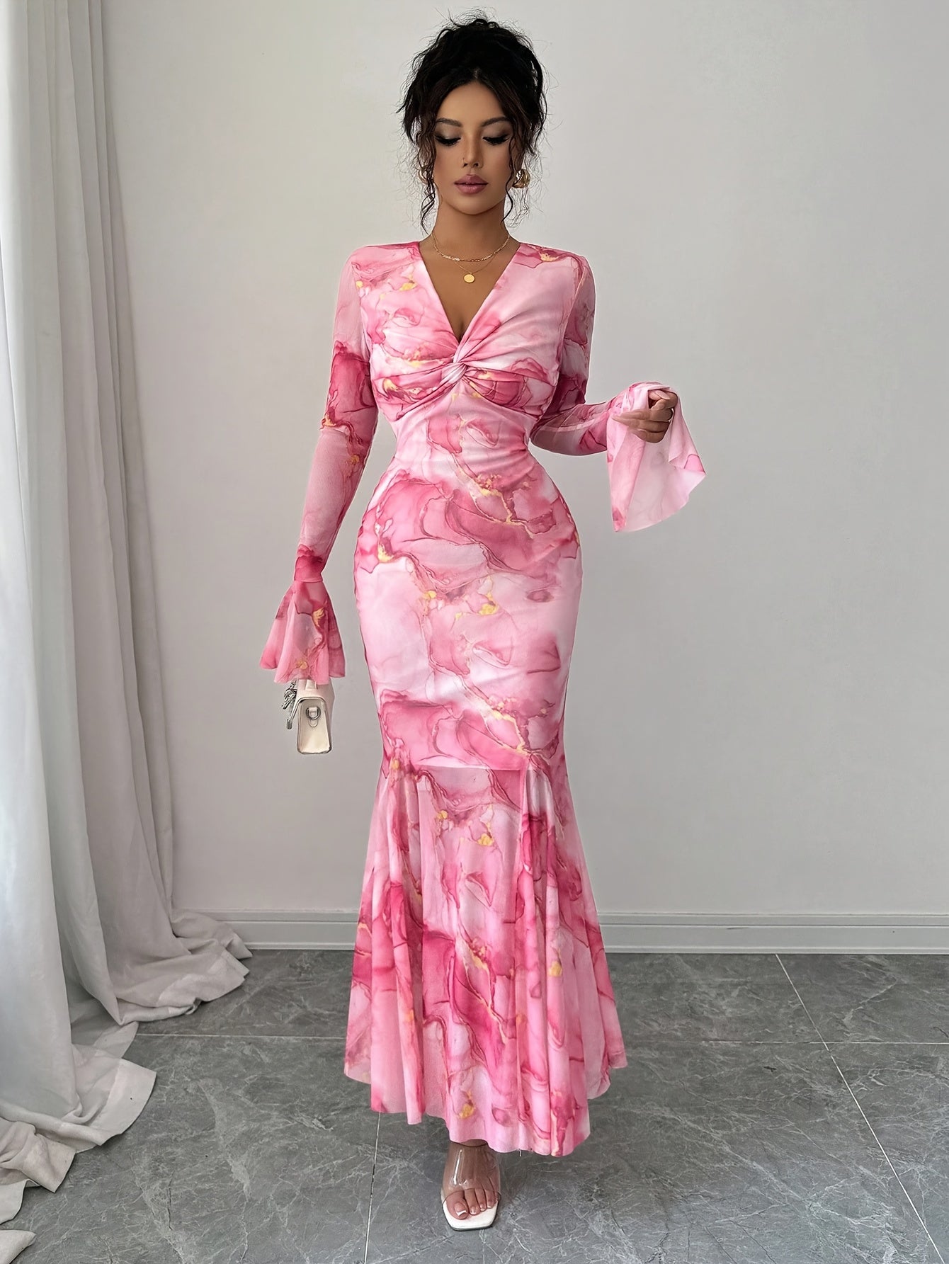 's Pink & Golden Peony Floral Print Mermaid Evening Gown - Bell Sleeve A-Line Wedding Dress with Train, -Length Party Dress for Prom, Galas & Formal Events (Machine Washable)