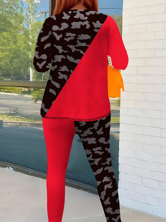 Women's Casual Two-Piece Set, Printed with Queen Letters, Spring And Autumn Polyester Spandex Fabric, Round Neck Long Sleeve Pullover, Color Block Design, Regular Fit-/M