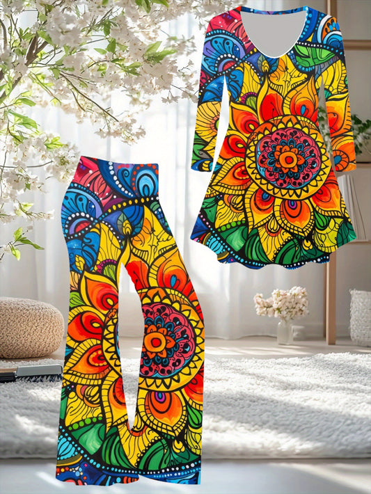 Plus Size, Women's Bohemian Print Vintage 2pcs Set, Including Bohemian Style Top and Flared Pants, Fashionable Casual Outfit. Available in Multiple Sizes, It's a Great Gift for Friends
