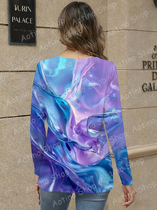 Women'S Shiny Blue Purple Liquid V-Neck Long Sleeve T-Shirt | Al-Over Print Ombre Marbled Pattern, Casual to Semi-Formal Wear, All-Season Comfort, Versatile for Daily Outfits, Weekend & Holiday Events
