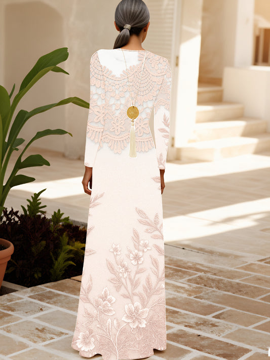 Plus Size, Elegant Long Sleeve Robe Maxi Dress - Beige Lace & Floral Embroidery Wedding Dress, Round Neck Formal Gown for Bridal, Autumn/Winter Ceremonies, Machine Washable