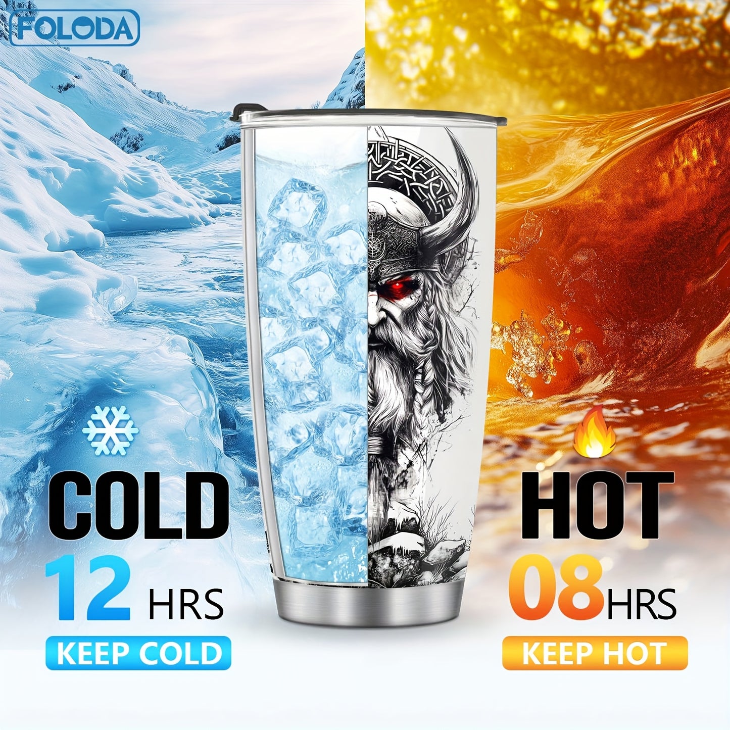 Foloda 20oz Viking Wolf Tumbler with Lid - Insulated Stainless Steel Travel Mug, Norse Design Thermal Cup with Leakproof Lid & Straw Compatible, Double-Wall Vacuum Insulation for Hot/Cold Drinks, Viking Warrior & Wolf Howling