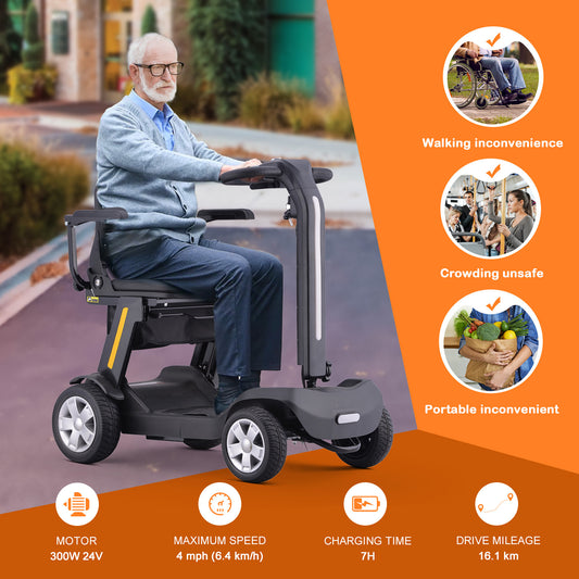 Senior Mobility Scooter 4-Wheel Foldable Electric Scooter for Adults, Lightweight & Portable with LED Lights, Storage Bag & Charger Included, Ready to Use for Travel