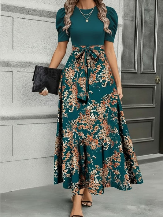 Women'S Floral Cinched-Waist Casual Long Dress, Suitable for Light Business Gatherings | Weekend Afternoon Tea And Similar Occasions, Elegant And Refined.