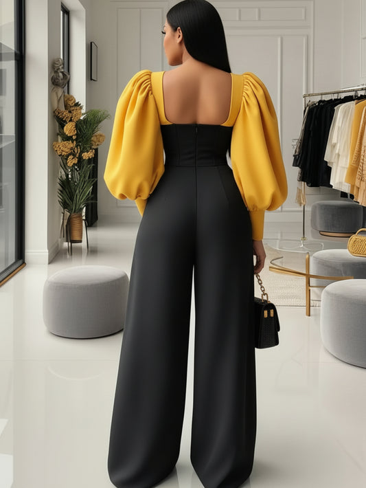 Yellow-Black Contrast Puff-Sleeve Waist-Tie Jumpsuit for Women | Retro Palace Style, Elegant Square Neck, Perfect for Fall/Winter, Color Block Pattern, Ideal for Daily Eye-Catching Looks, Refined Date Outfits, and Elegant Occ