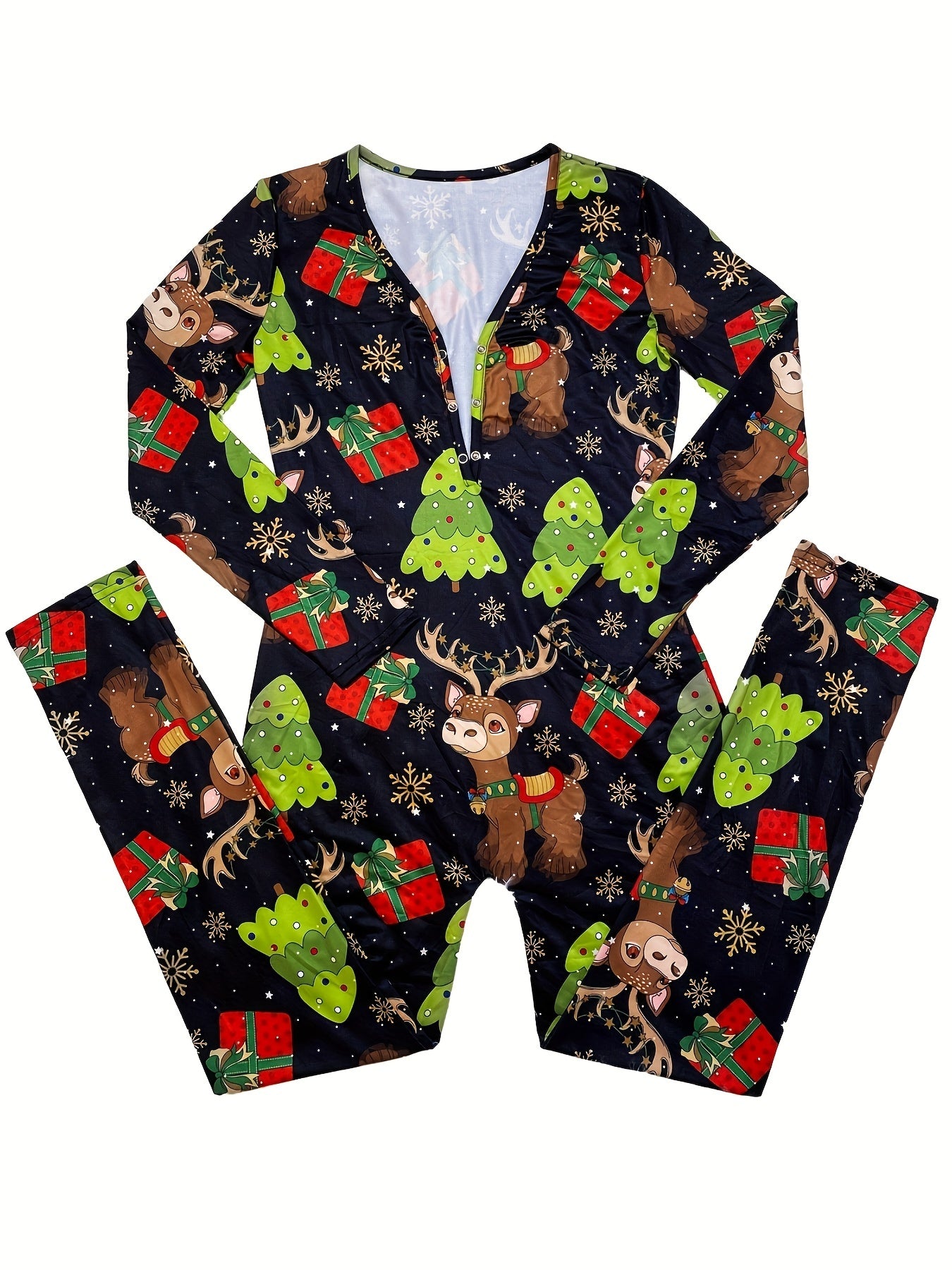 Women'S Christmas Print Off-Shoulder Long Sleeve Jumpsuit - Sexy V-Neck Button-Up Romper with Reindeer & Snowflake Design, Stretchy Polyester Blend, Machine Washable, Perfect for Holiday Loungewear & Sleepwear, Christmas Romp