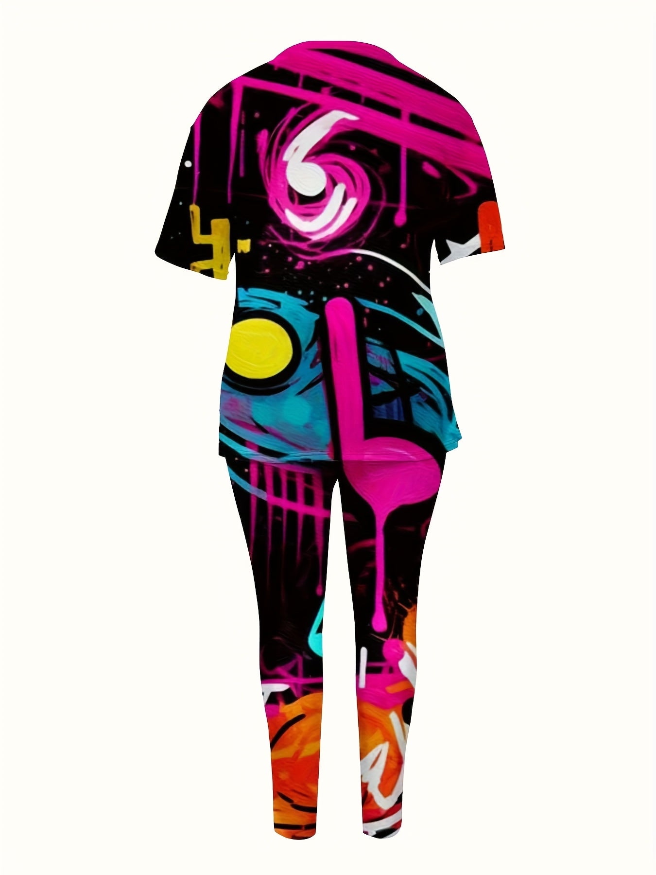 Women's Plus Size Music-themed Print Jumpsuit - Stretchy Polyester All-over Neon & Pastel Music Note & Sound Wave Design, Short Sleeve Round Neck Romper with Pants, Casual & Comfortable Outfit Fo
