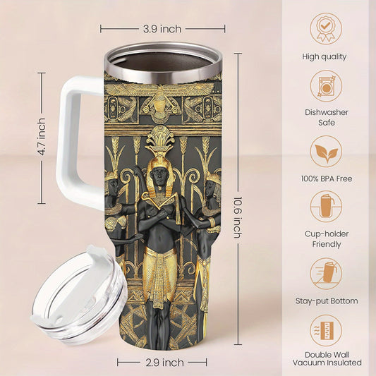 40oz Egyptian Art Style Tumbler, Double Wall Vacuum Insulated Travel Mug, Spill Proof Lid, Perfect Gift for Dad, Mom, Ideal for Christmas, Thanksgiving, Valentine's, Mother's, Father'S Day, Gift for birthday, Coffee Cup
