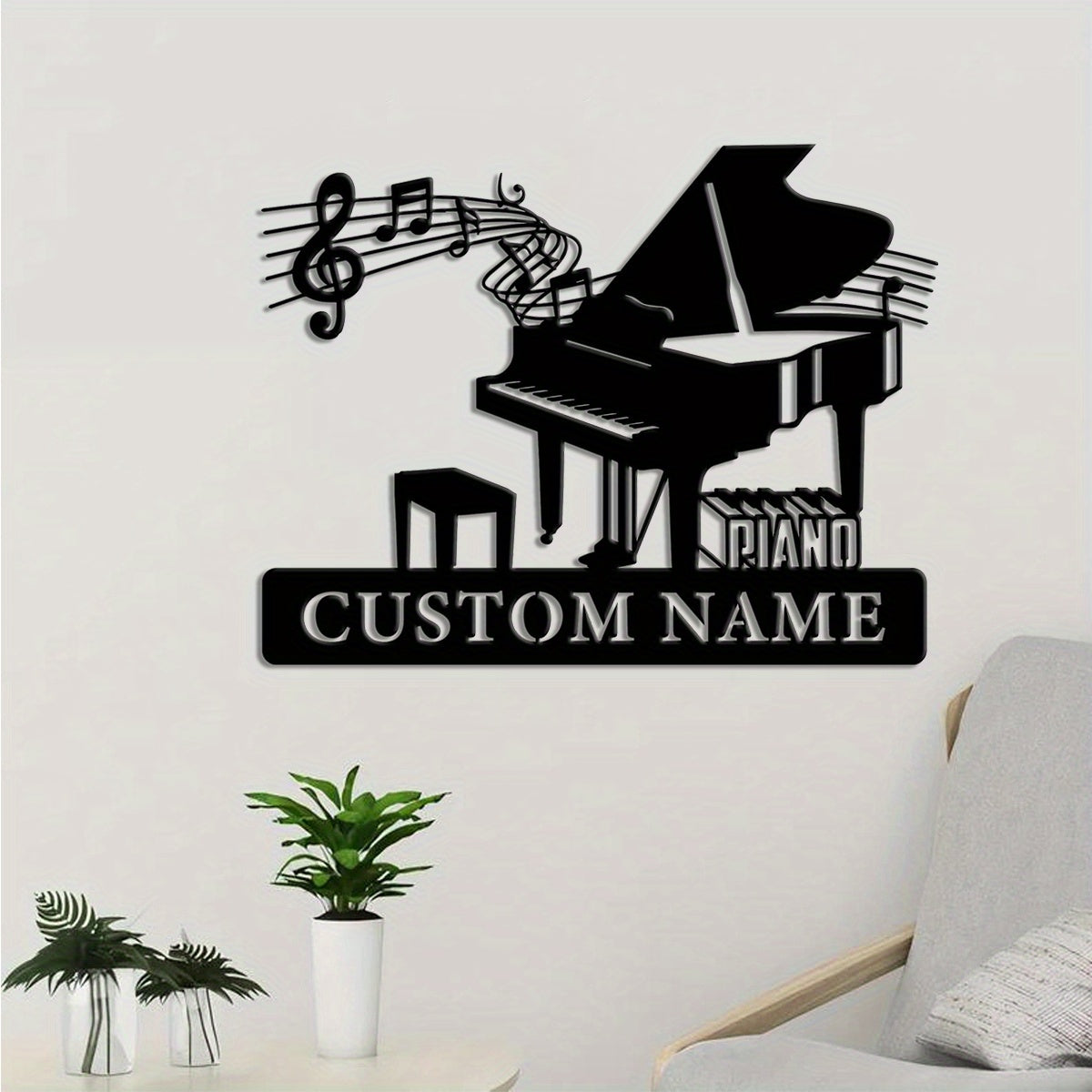 2D Flat, 1pc Customizable Piano Wall Art - Personalized Music Room Sign with Name, Elegant Grand Piano Shape & Musical Notes Decoration for Home, Studio, Gifts - Piano Lover Present, Door or Living Room Decor, Studio Decor, A