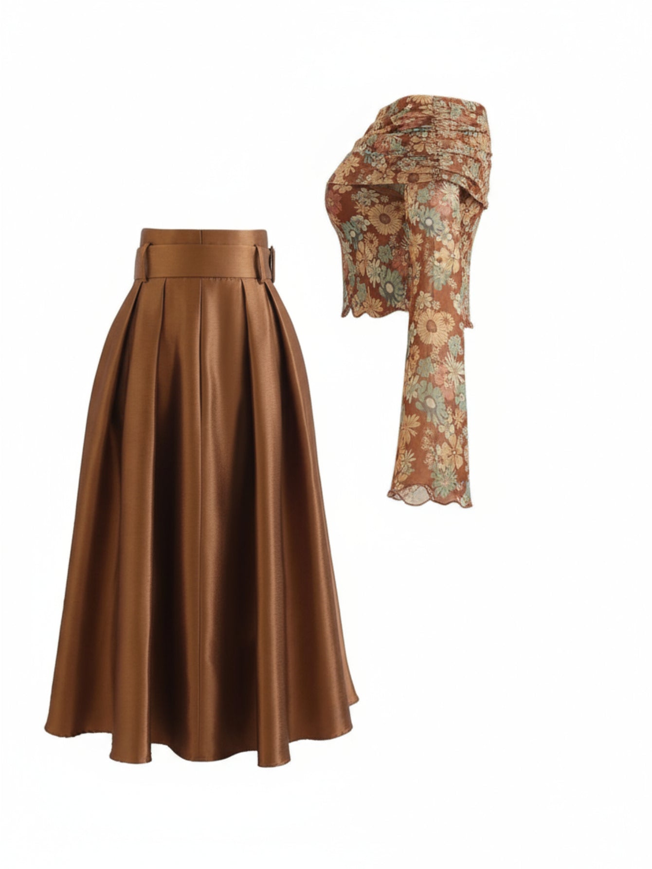 2pcs Set: Vintage Floral Off-Shoulder Bell-Sleeve Top + Brown High-Waisted A-Line Skirt | Fall/Winter Outfits - Perfect for Dates, Afternoon Tea - Women'S Retro-chic Design
