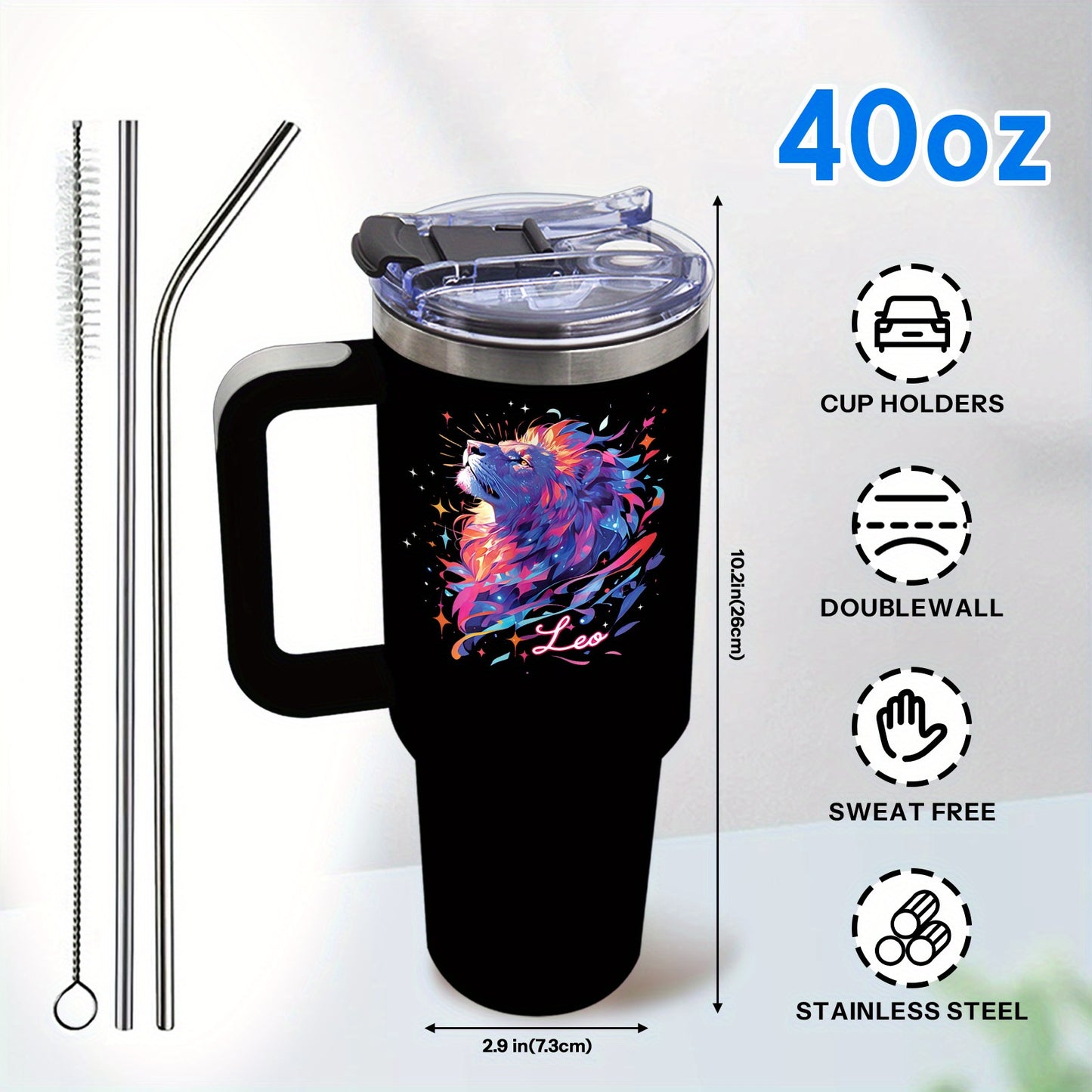 1pc 1pcs 1pc 1pcs (singular/plural Acceptable) 40oz Leo Zodiac Stainless Steel Water Bottle with Straw & Handle - Thermal Bottle, Leakproof for 24H Hot/Cold, Lion Design & Zodiac Sign Gift Suitable for Birthdays, Christmas, O