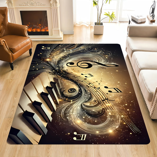 Elegant Musical Note Area Mat - Lightweight, Easy to Clean Polyester Floor Mat with Golden Treble Clef Design for Living Room, Bedroom, Dining Room, Home Office, Bathroom Decor - Perfect Gift for Music Lovers, Music Room Deco