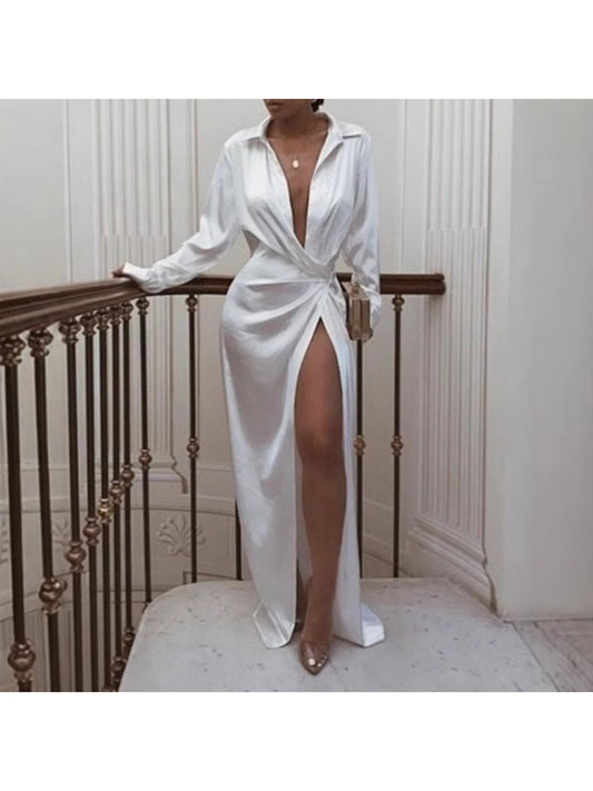 Women's Elegant Split Forked Long Dress with Lace-Up Long Sleeves - -Length Formal Wedding Guest Gown, Year-Round Party Dress, Machine Washable & Dry Cleanable, All-Season Wear (No Sheer Panels)