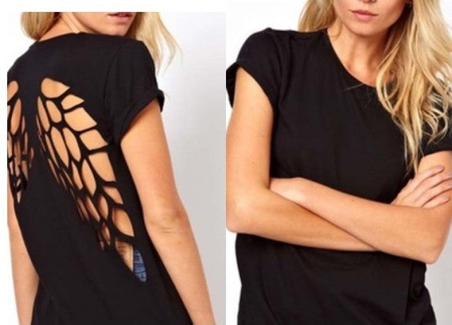 Amazon Back Burning Flower Laser Carving Hollow Angel Wings Black Round Neck Short Sleeve Women's T-shirt for Foreign Trade