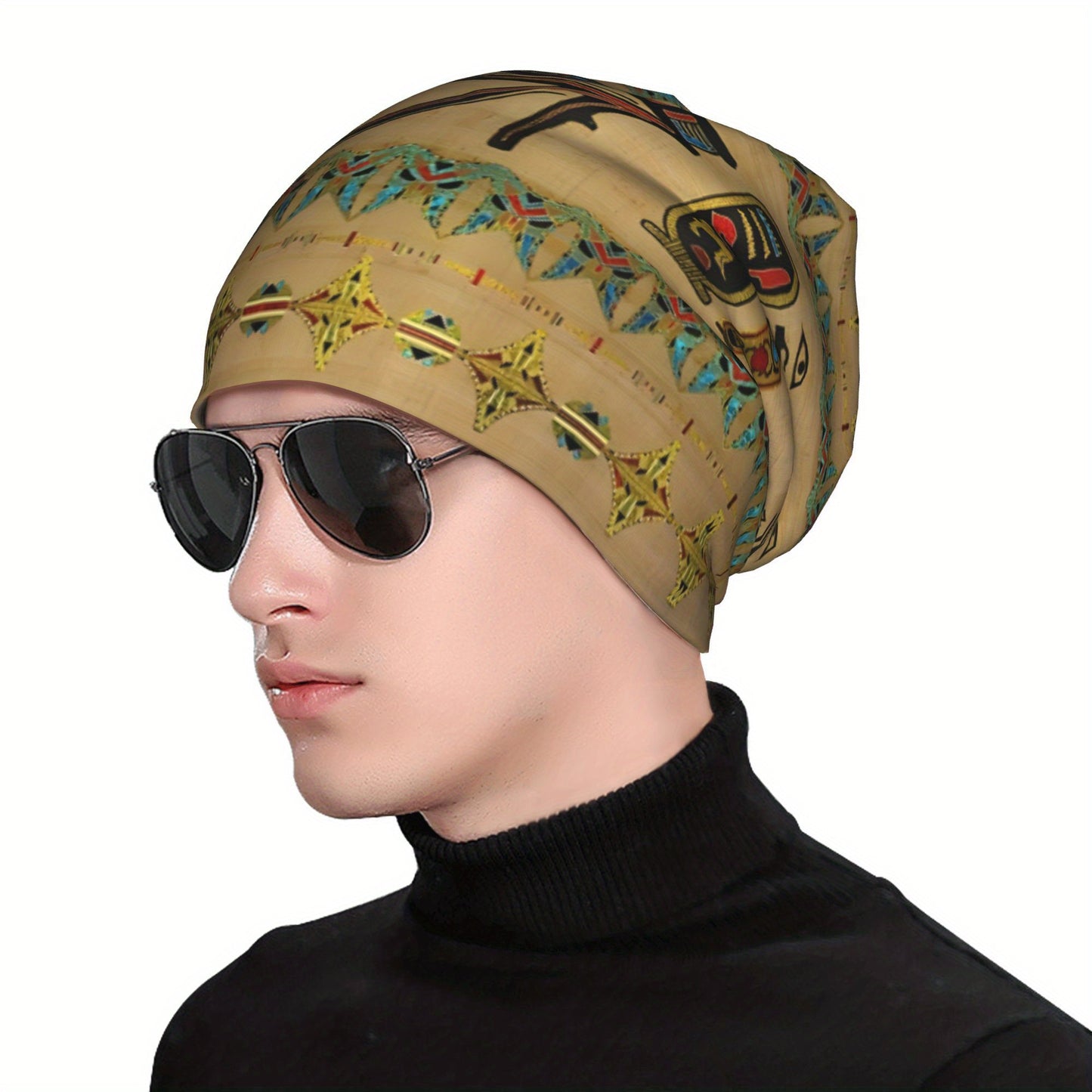 Egyptian-Inspired Unisex Beanie Hat - Lightweight Warm Slouchy Pullover with Vibrant Hieroglyphic & Star Patterns, Casual Hiphop Fashion Accessory for Men & Women, Hat Beanie, Stylish Winter Wear, Comfortable Headwear