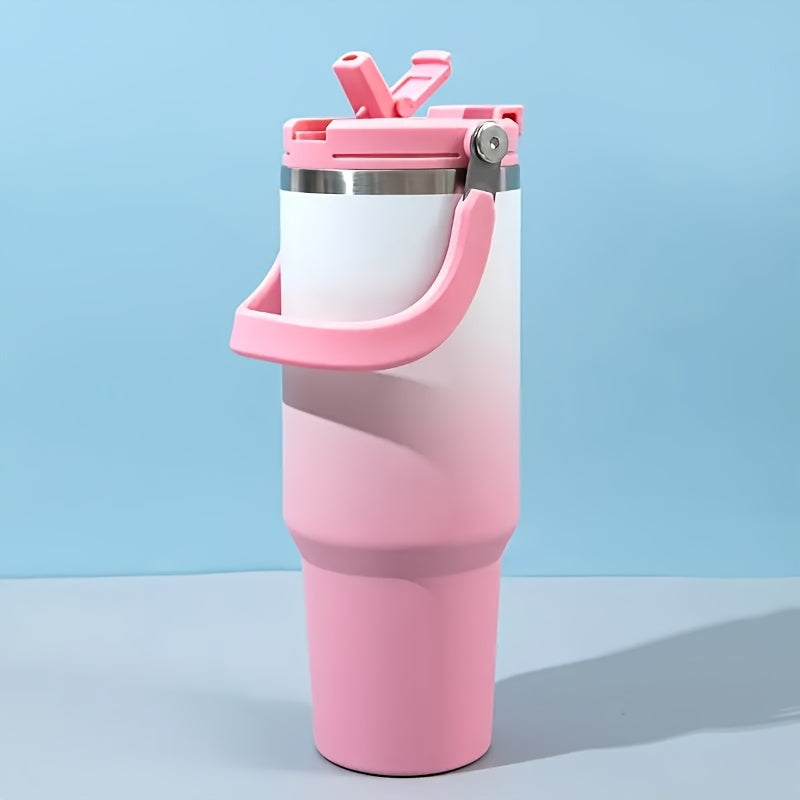 1pc 30oz Stainless Vacuum Thermos Water Bottle with Double Straws & Carry Handle - Gradient Color (Turquoise/Mint/Pastel Pink/Purple/Navy) Leakproof Large Capacity Thermos Flask for Travel, Gym,,, -, Tumbler Water Bottle, Tum