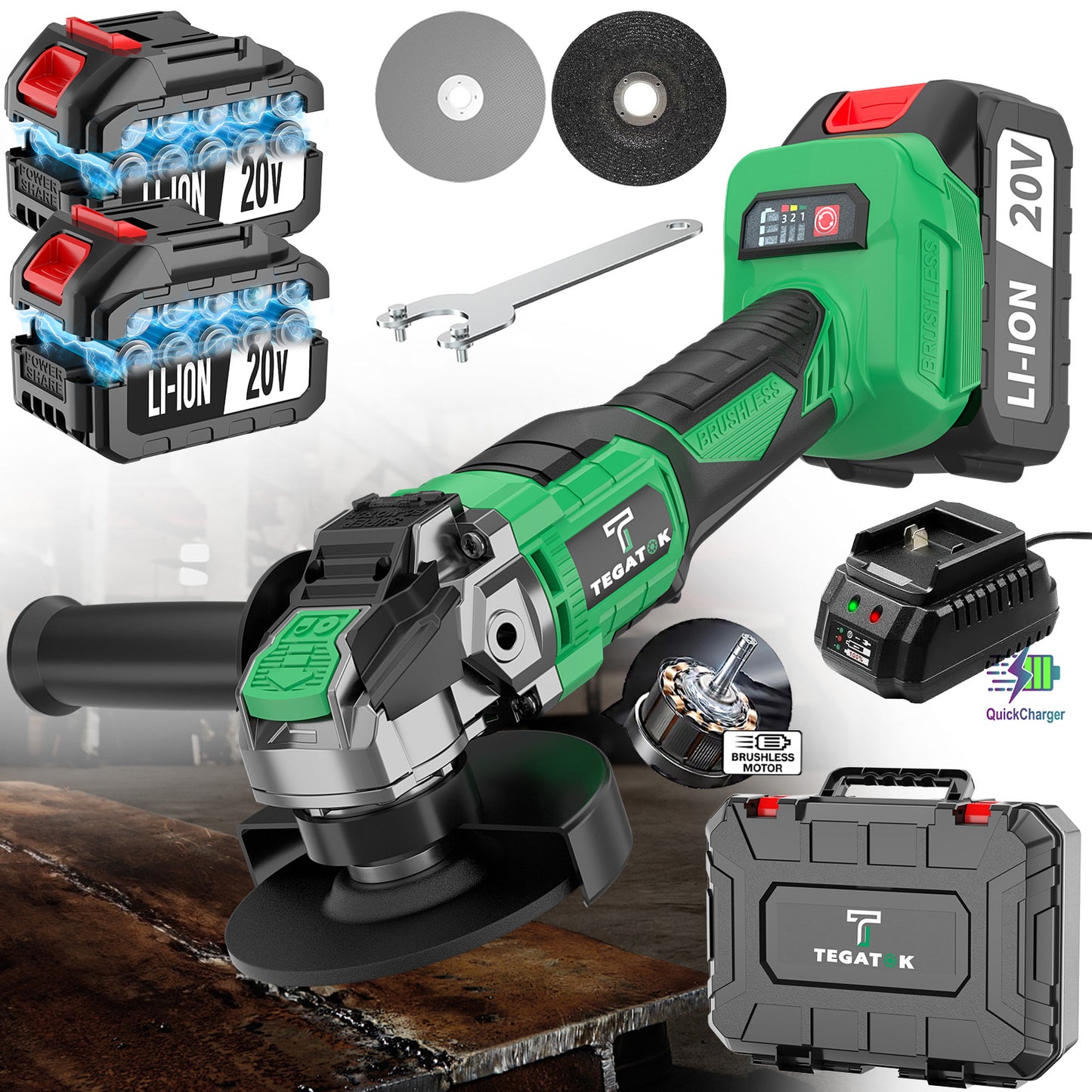 20V Cordless Grinder & Polisher Machine - Heavy-Duty Brushless Motor 9000RPM, Electric Brake, 15pcs Accessory Kit with Grinding/Polishing Pads & Wheel System, 4000mAh Battery- (Battery/AC) for Metalworking, Concrete, Renovati